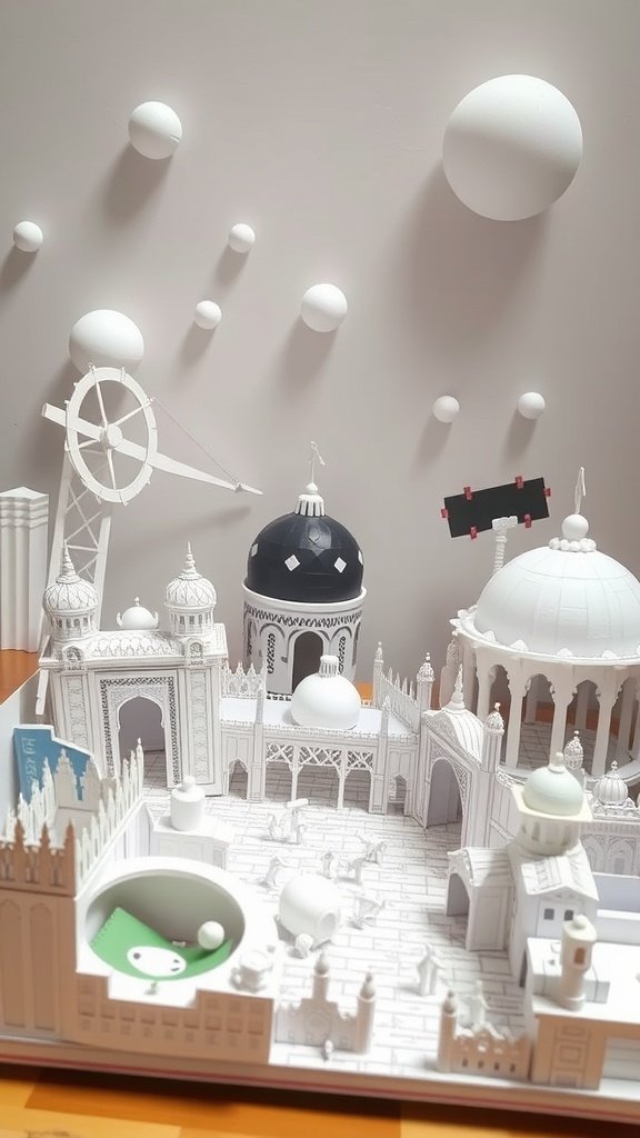 A detailed 3D paper model featuring various architectural elements, including domes and a ferris wheel.