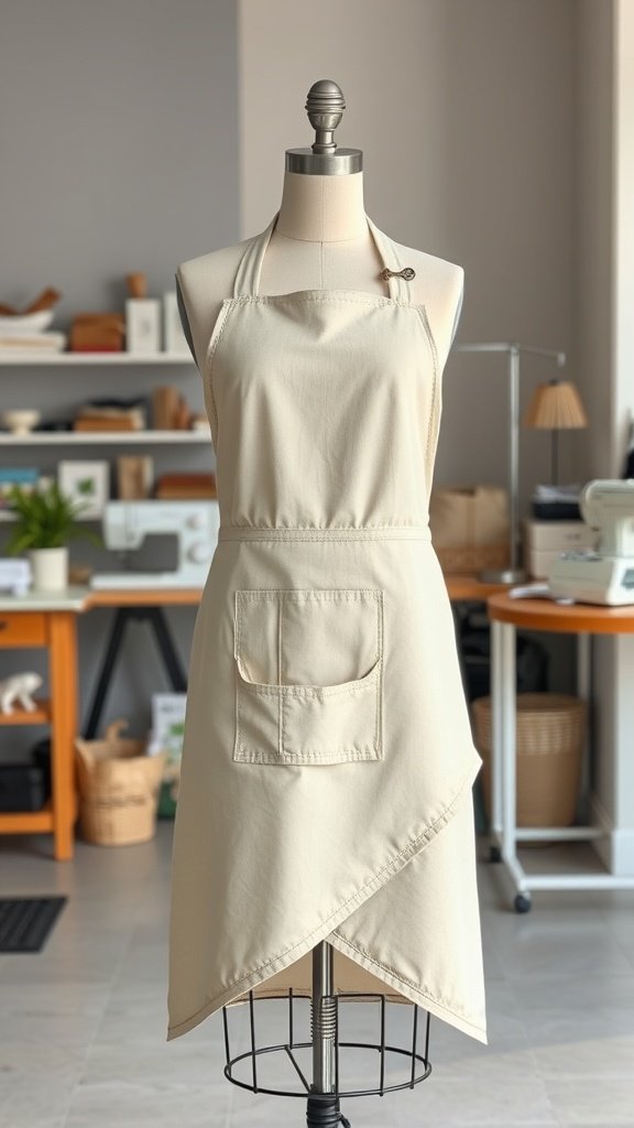 A beige apron with an asymmetrical cut displayed on a mannequin in a well-lit room.