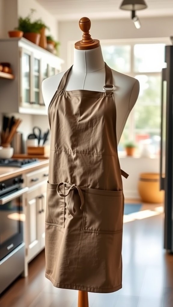 A stylish apron with an adjustable neck strap displayed on a mannequin in a bright kitchen.