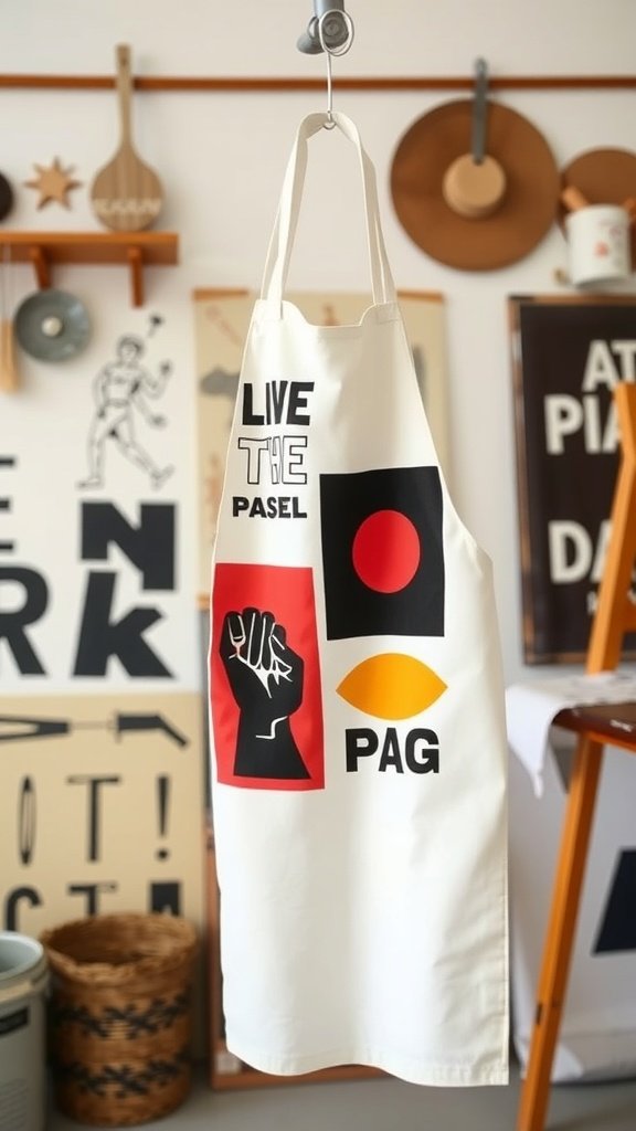 A stylish apron with bold graphic prints hanging in a creative space.