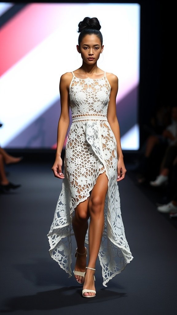 Model showcasing an asymmetrical crochet dress with a high-low hem and intricate patterns.