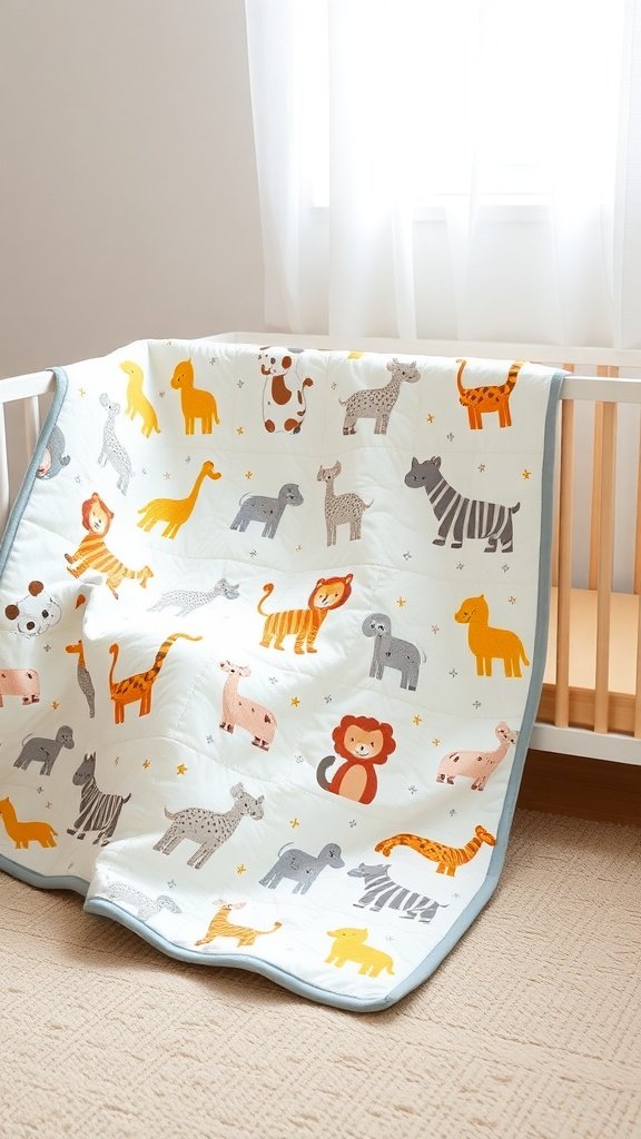 A colorful baby quilt with various animal prints displayed on a crib.