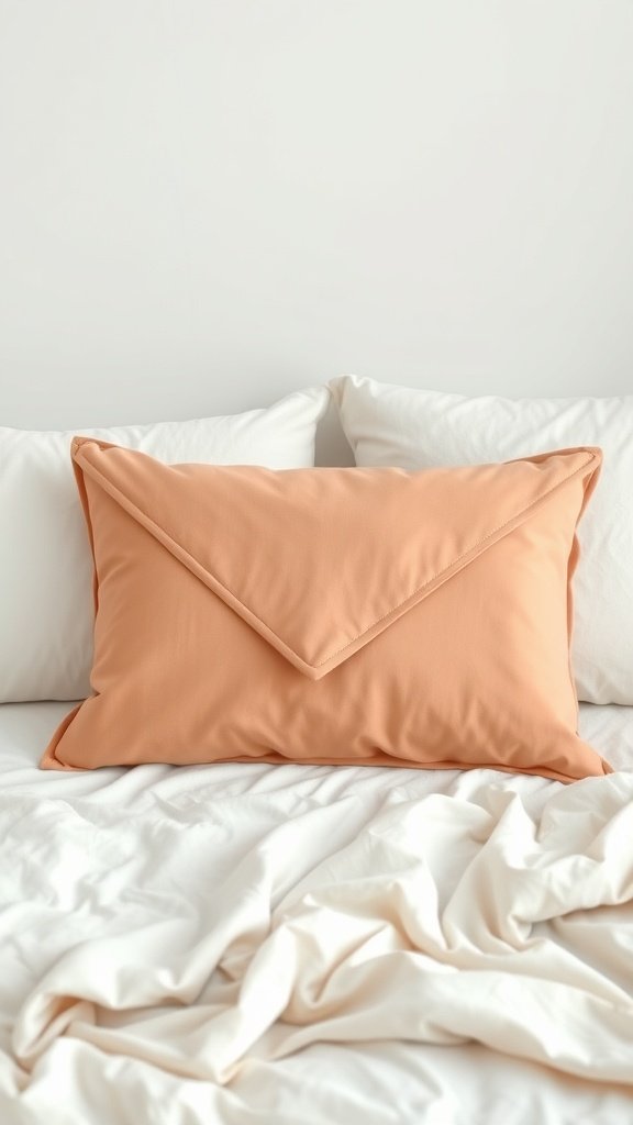 A peach-colored envelope pillowcase on a bed with white linens.