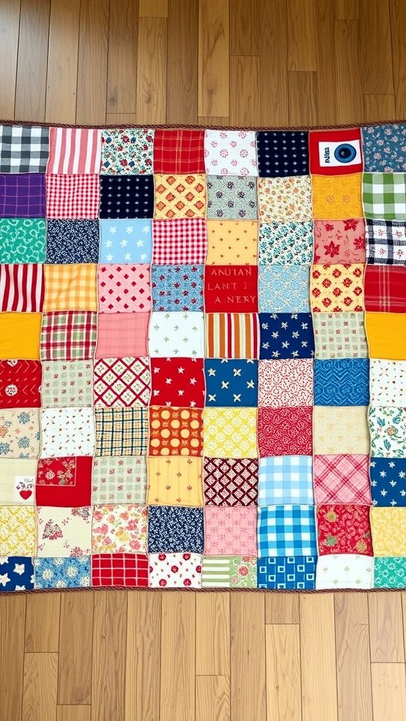 A colorful classic patchwork quilt made of various fabric squares.