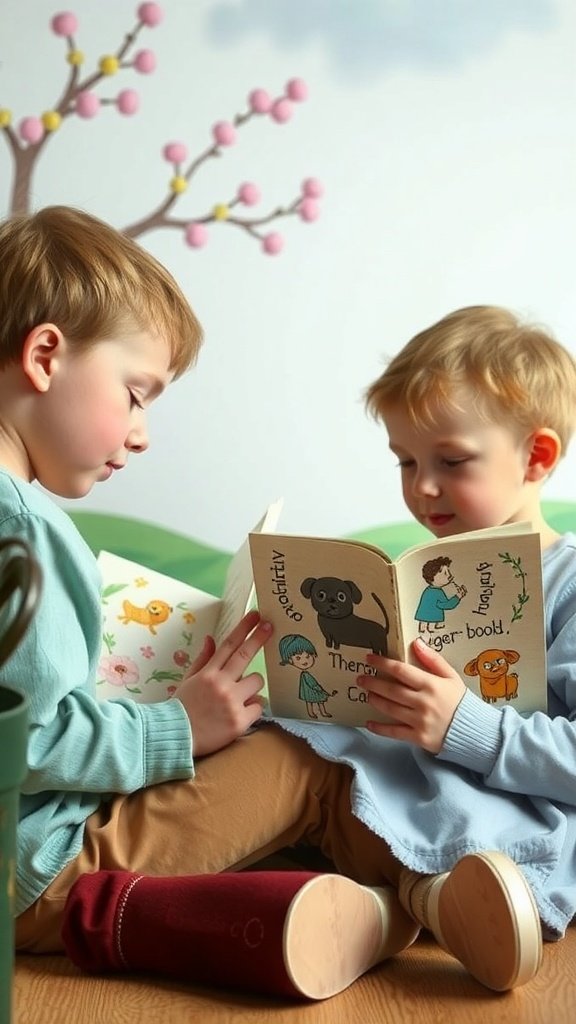 Two children reading a colorful storybook together, showcasing the joy of storytelling.