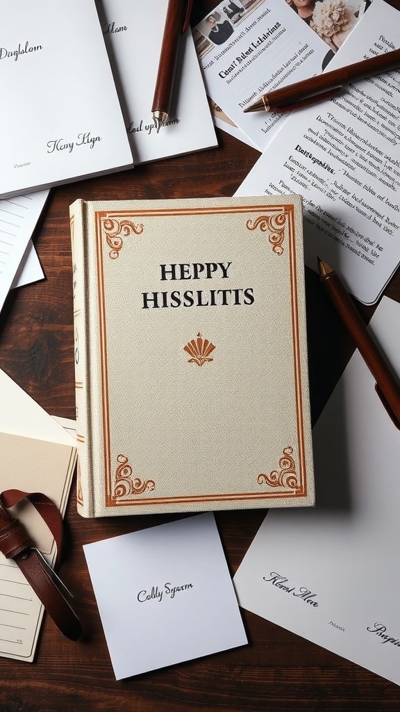 A fabric book cover with the title 'HEPPY HISSILTIS' surrounded by stationery items.