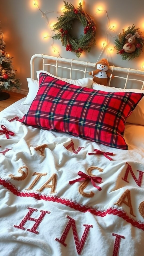 A cozy winter-themed bedroom featuring a flannel pillowcase and festive decorations.