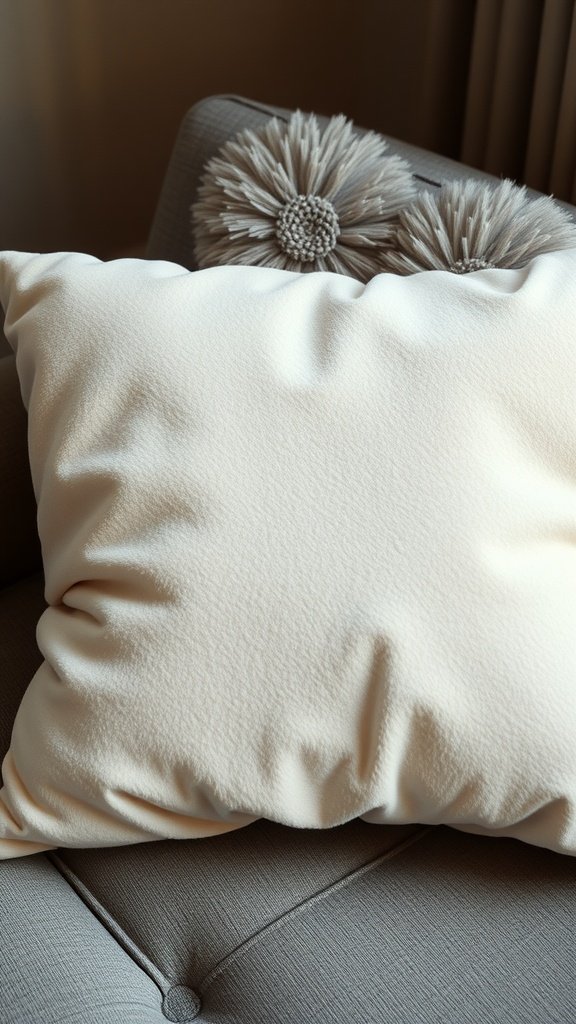 A cream-colored fleece pillowcase on a gray couch, showcasing its soft texture.