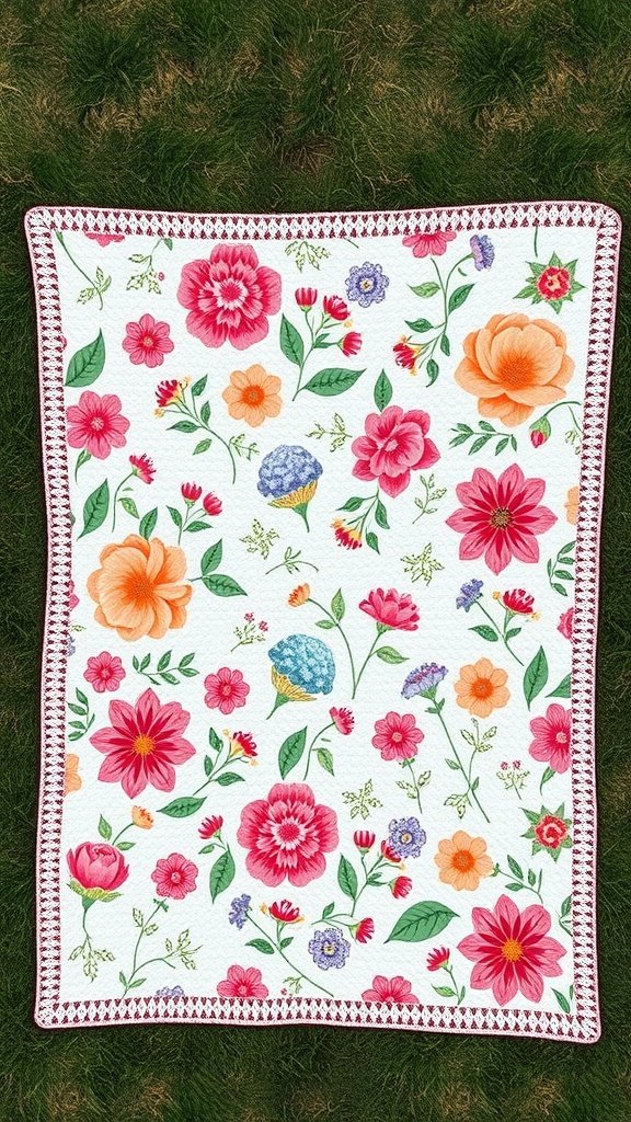 A colorful Flower Garden Quilt featuring various floral patterns on a white background.