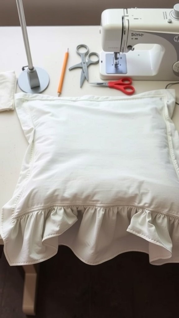 A sewing workspace with a sewing machine, scissors, and a ruffled pillowcase