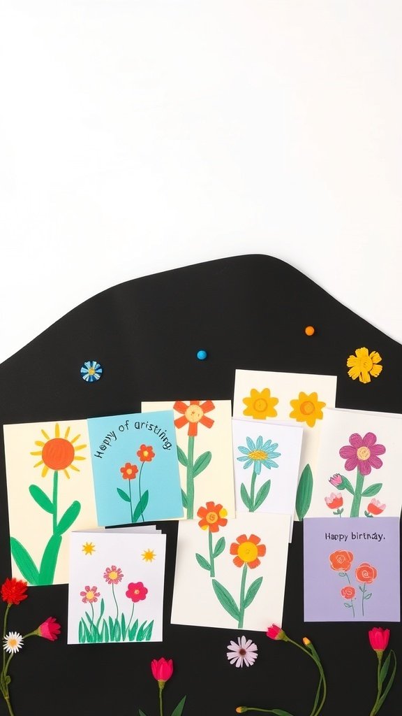 Colorful handmade greeting cards with flowers and cheerful messages on a black background.