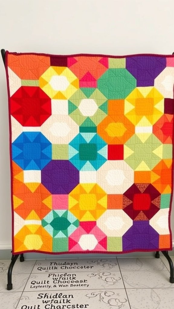 Colorful hexagon quilt displayed on a stand