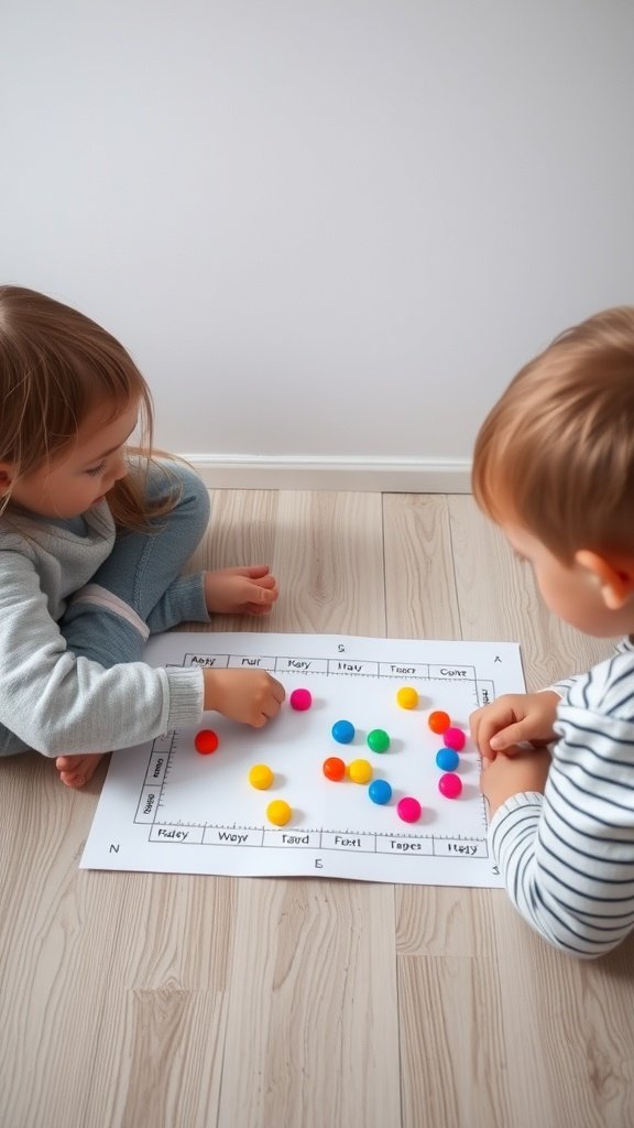 Two children playing an interactive paper board game with colorful tokens on a homemade board.