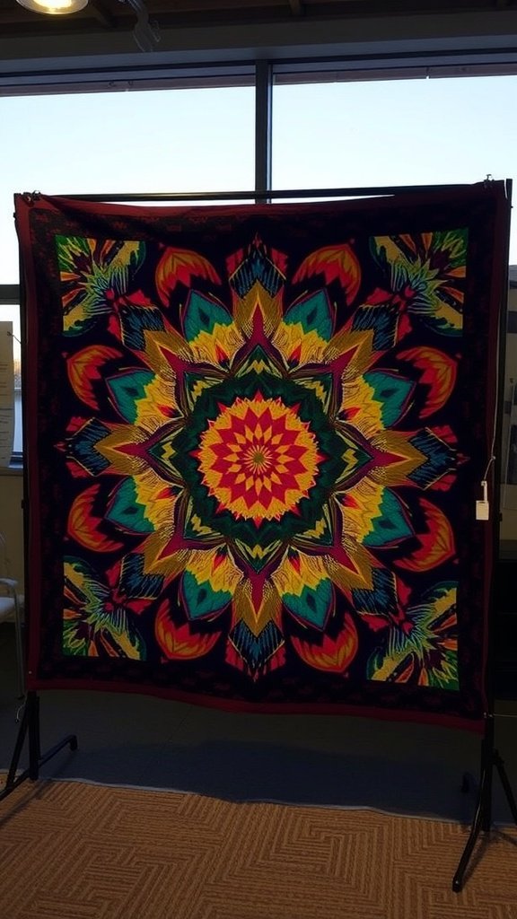 A colorful Kaleidoscope Quilt featuring a mandala design with vibrant colors.