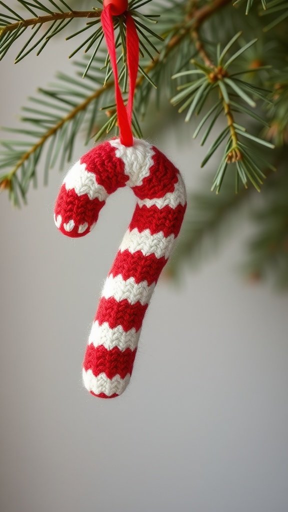 A knitted candy cane ornament hanging from a Christmas tree branch.