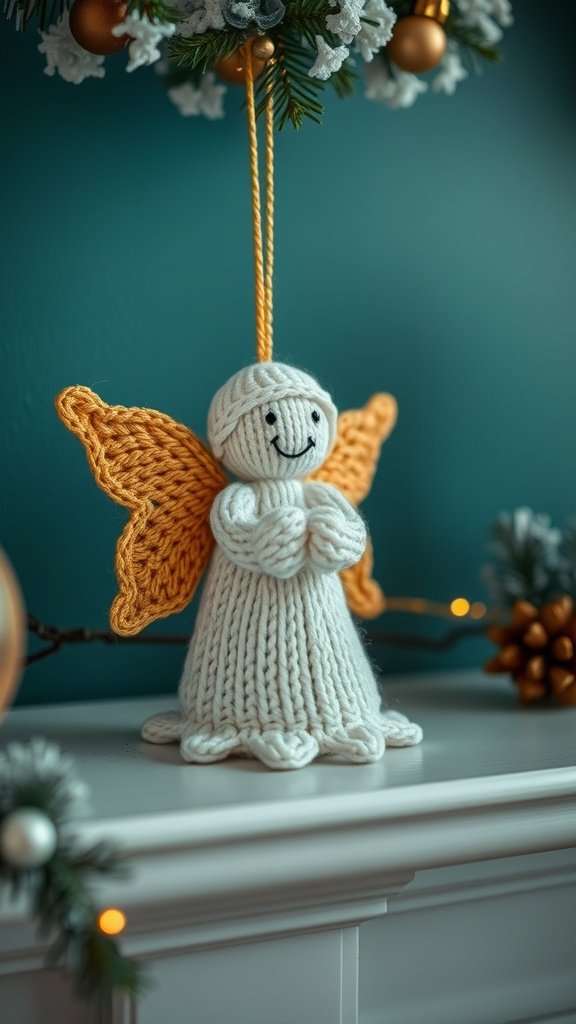 A knitted Christmas angel ornament with white body and orange wings, displayed on a mantel.