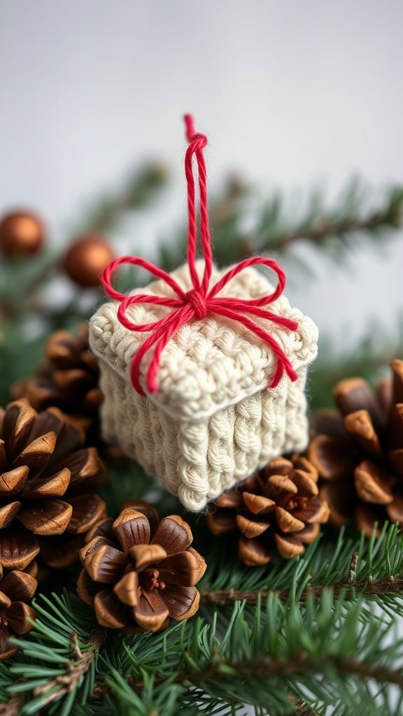 A knitted Christmas present ornament with a red bow, surrounded by pine cones and evergreen branches.