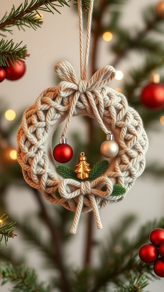 A knitted Christmas wreath with red and gold ornaments, hanging on a Christmas tree.