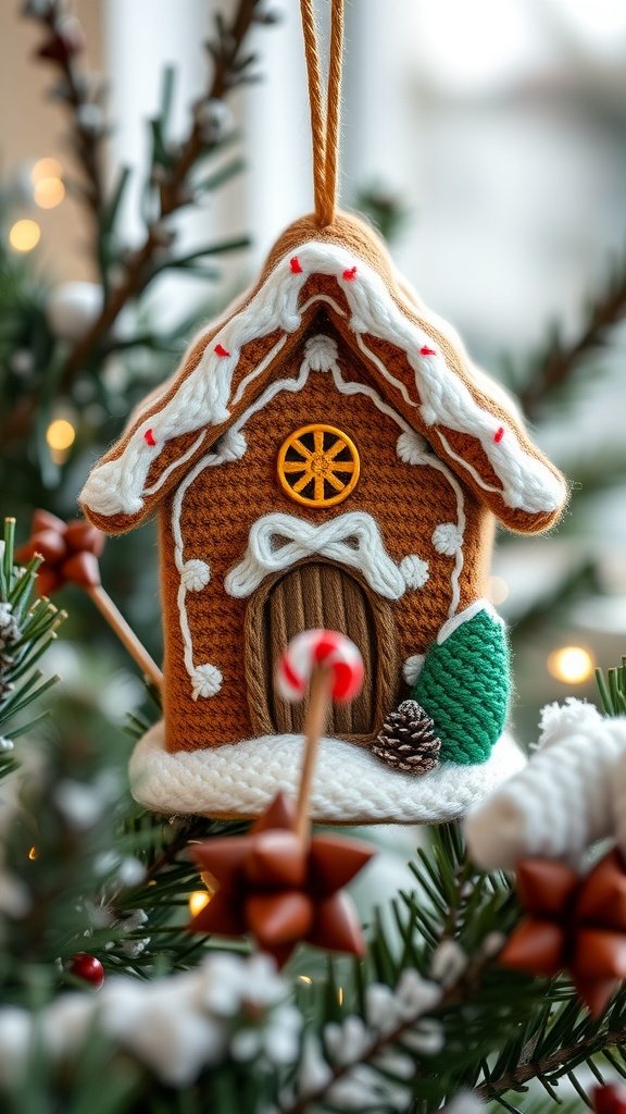 A knitted gingerbread house ornament hanging on a Christmas tree, featuring a brown house with white icing details and colorful decorations.