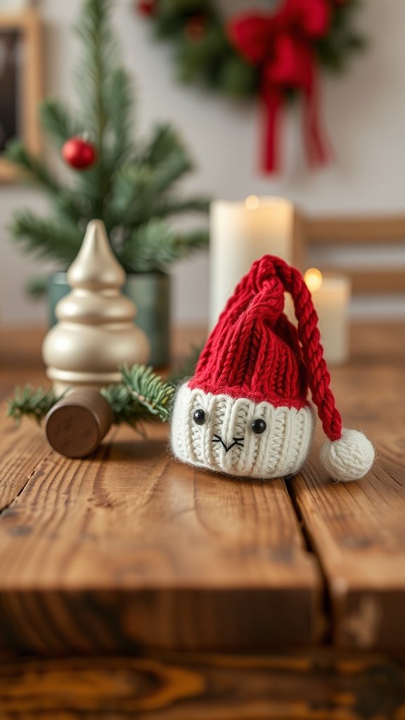 A knitted Santa hat ornament sitting on a wooden table with festive decorations in the background.