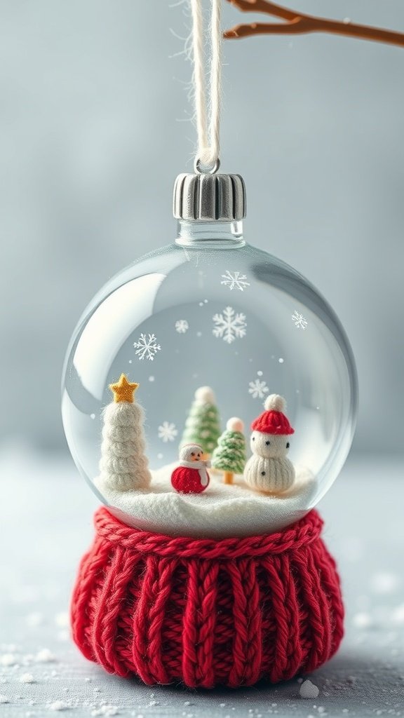 A knitted snow globe ornament featuring a snowman, Christmas tree, and Santa inside a glass globe with a red knitted base.