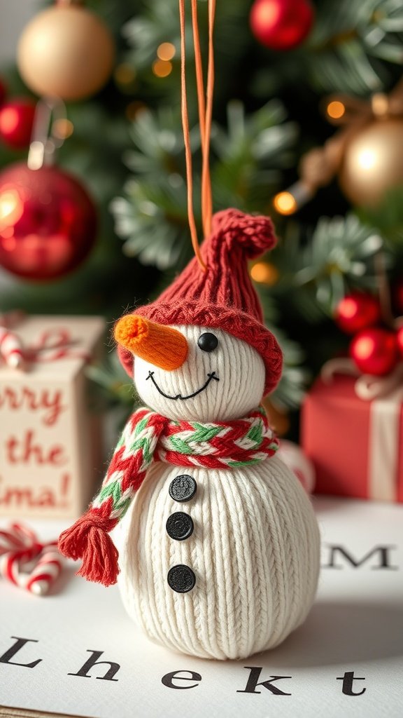 A knitted snowman decoration with a red hat and scarf, featuring a carrot nose and black buttons, hanging on a Christmas tree.