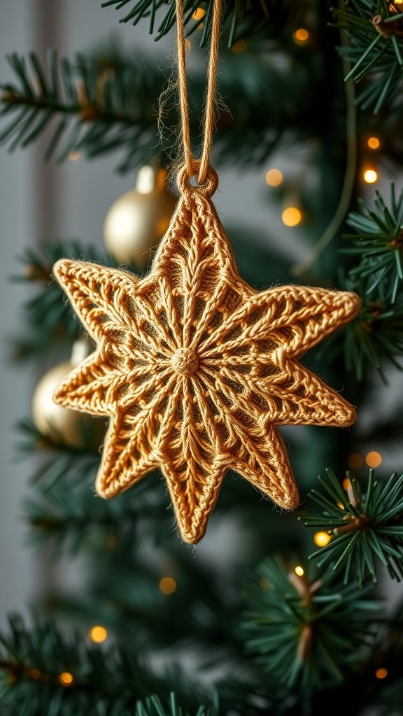 A knitted star ornament hanging on a Christmas tree, showcasing its intricate design and golden color.