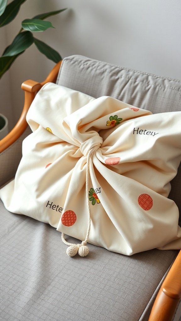 A knotted pillowcase with playful patterns, displayed on a chair.