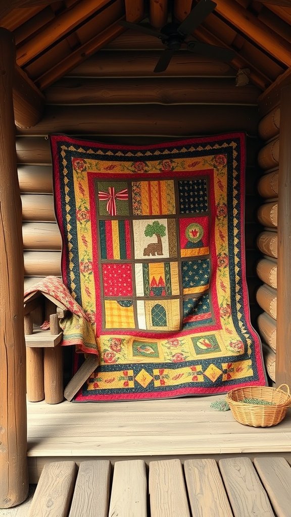 A colorful Log Cabin Quilt displayed on a log cabin wall, featuring various patterns and textures.