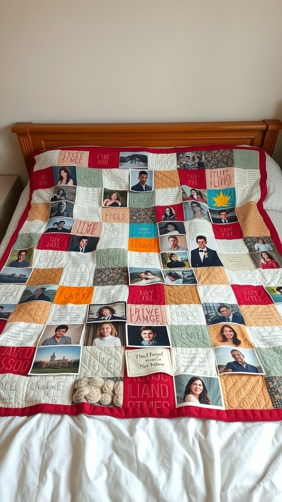 A colorful memory quilt featuring various photos and text squares, laid out on a bed.