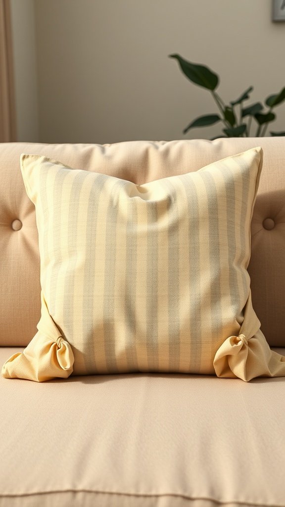 A striped no-sew pillowcase on a couch