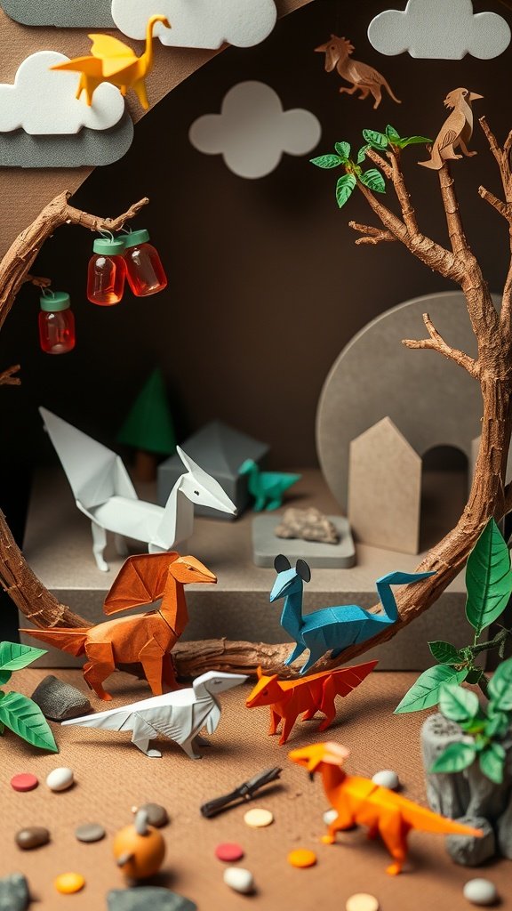Colorful origami animals in a playful habitat setting