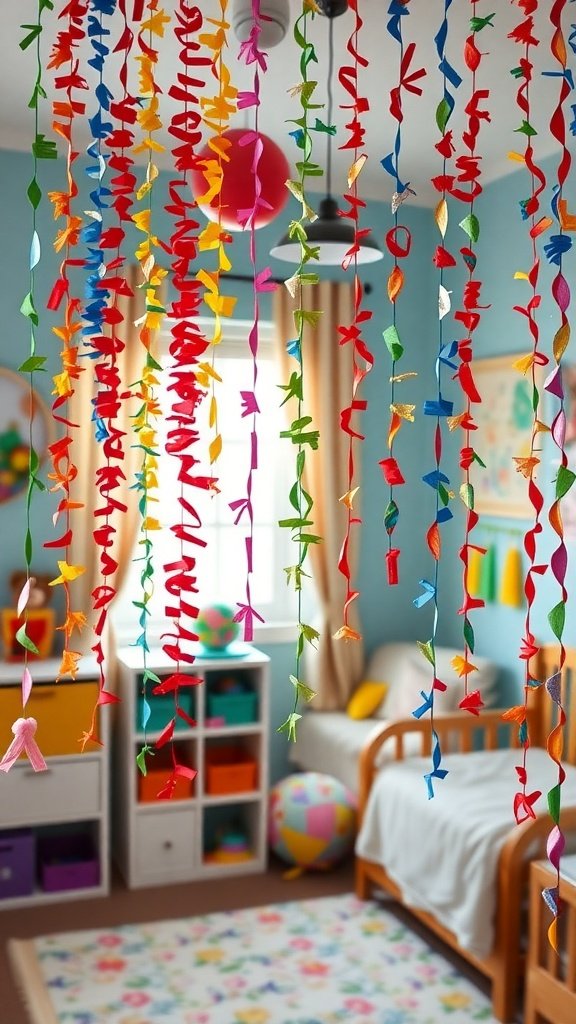 Colorful paper chain decorations hanging in a child's room