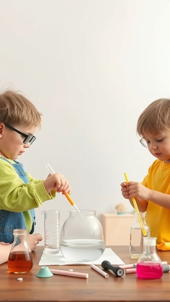 Two children conducting science experiments with colorful liquids and paper.