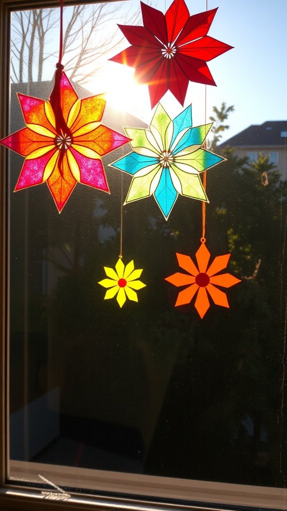 Colorful paper suncatchers hanging in a window, catching sunlight.