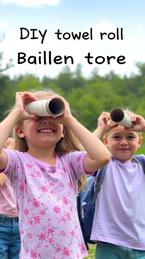 Children using DIY paper towel roll binoculars outdoors