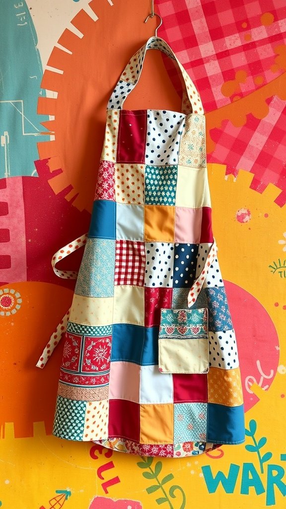 Colorful patchwork apron hanging against a bright background