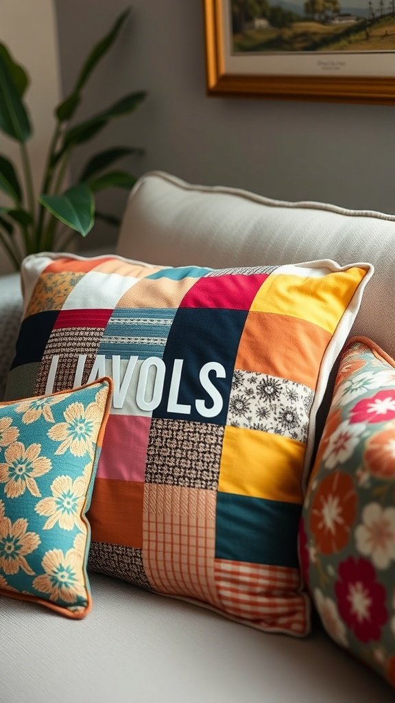 Colorful patchwork pillowcase on a sofa