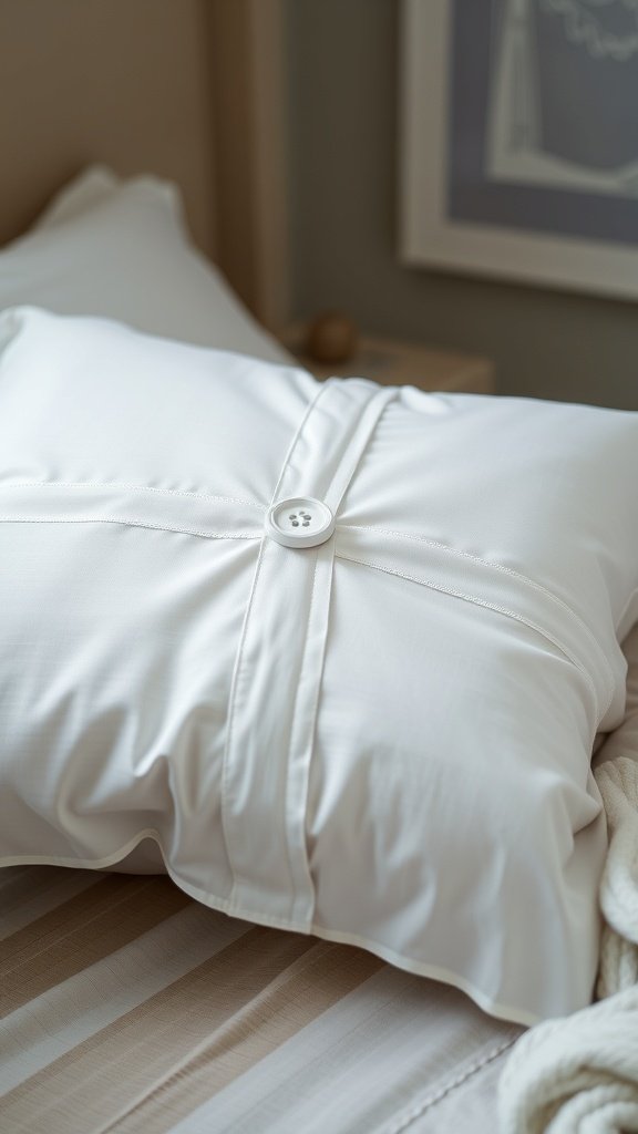 A white pillowcase with a button closure, resting on a bed.