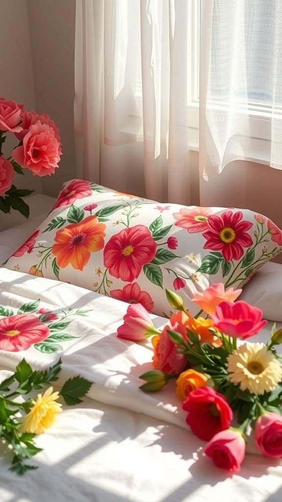A floral print pillowcase on a bed with fresh flowers nearby