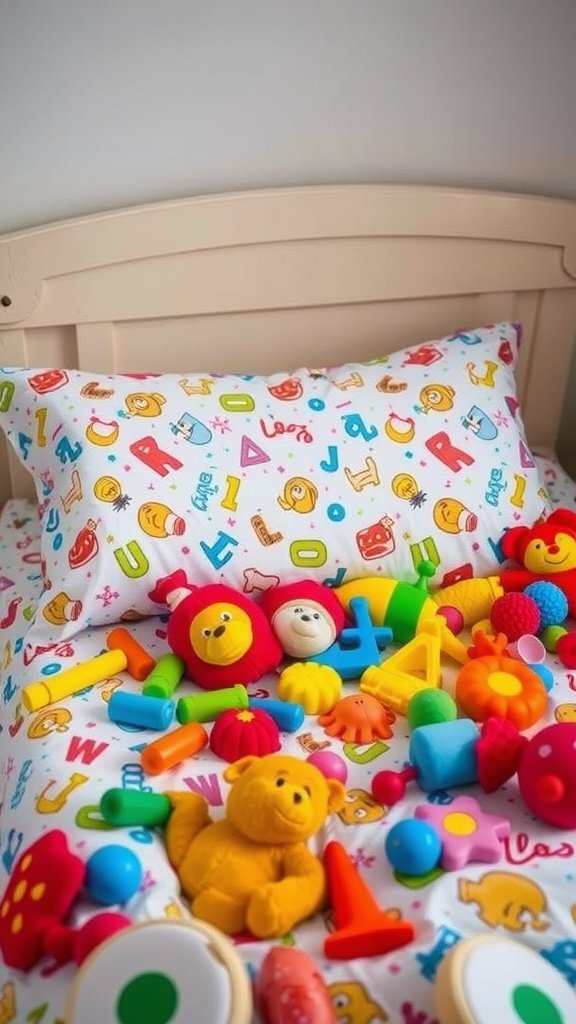 A colorful pillowcase with letters and playful designs on a bed with toys scattered around.