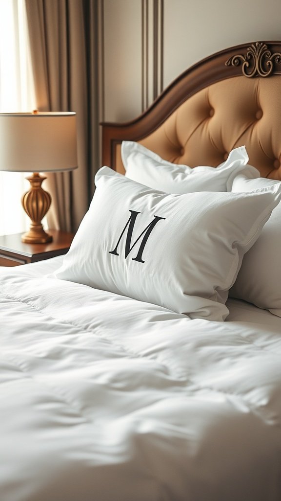 A monogrammed pillowcase with the letter M on a neatly made bed.