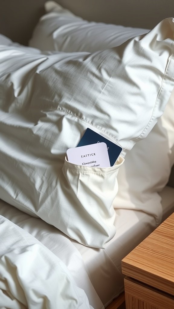A pillowcase with a pocket holding cards, showcasing a practical design.