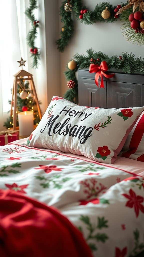 A cozy bed with a festive pillowcase and seasonal decorations.