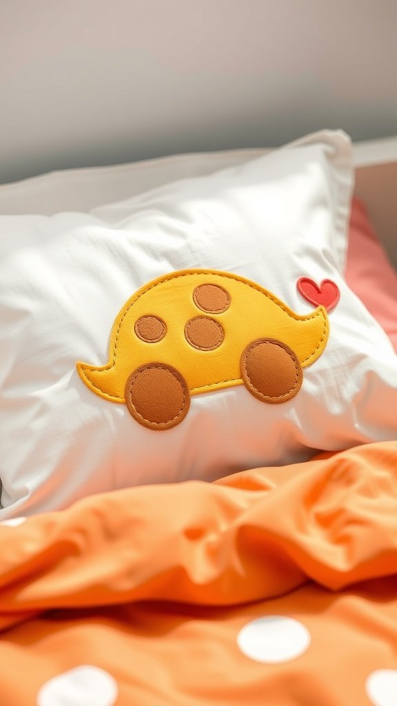 Pillowcase featuring a yellow car appliqué design with brown wheels and a red heart.