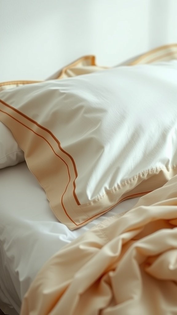 A pillowcase with a contrast trim laid on a bed, showcasing its stylish design.