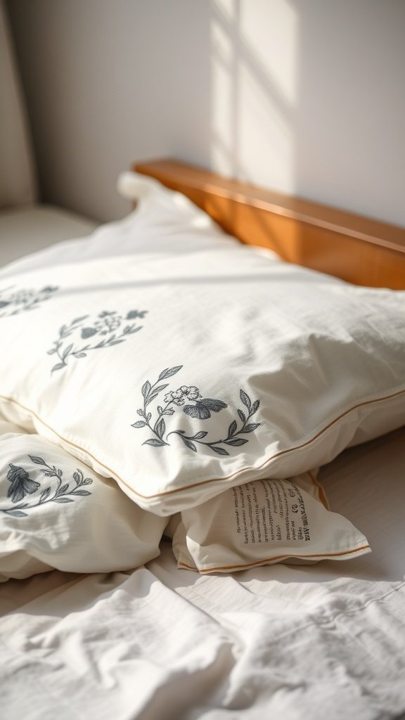 Embroidered pillowcase with floral designs on a bed