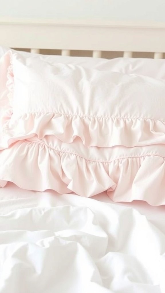 A pink pillowcase with ruffles on a bed