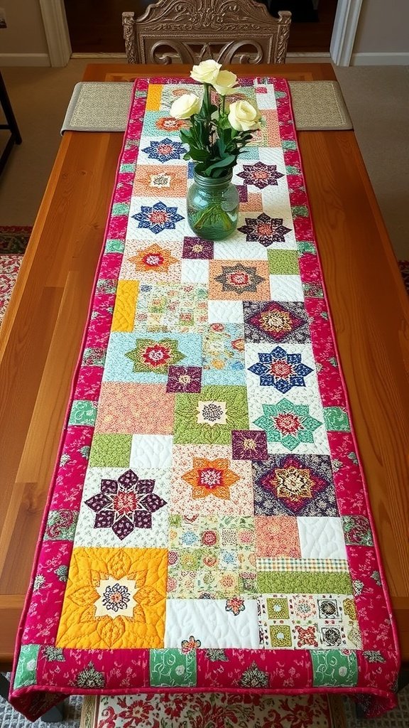 A colorful quilted table runner with floral and geometric patterns, placed on a wooden table with a vase of white roses.