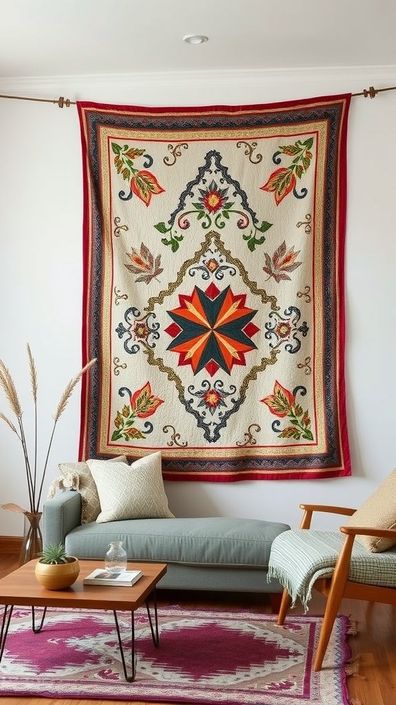 A vibrant quilted wall hanging featuring intricate patterns and colors, displayed in a cozy living room setting.